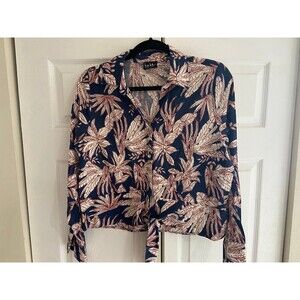Nicole Miller tropical leaves navy tie crop top long sleeve linen rayon blend